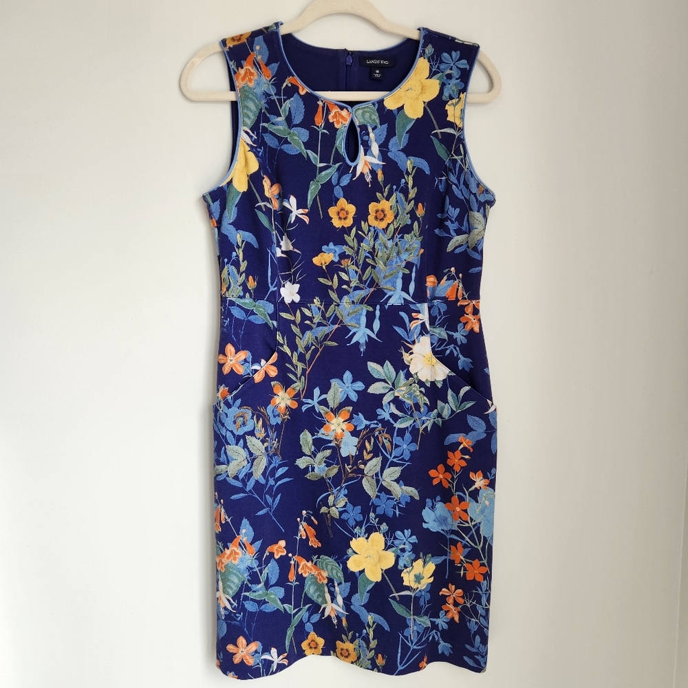 Lands' End Vintage Floral Navy Blue Keyhole Dress Sleeveless Knee Length Size 10
